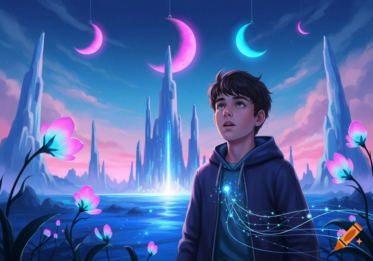 A boy looks up in a vibrant fantasy world with pink and blue glowing crescent moons, crystalline structures, and luminous flowers.