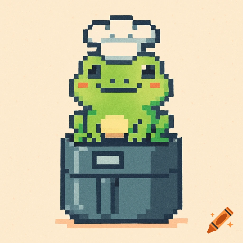 A cute, happy pixel art frog wearing a chef's hat sits on a cylindrical air fryer.