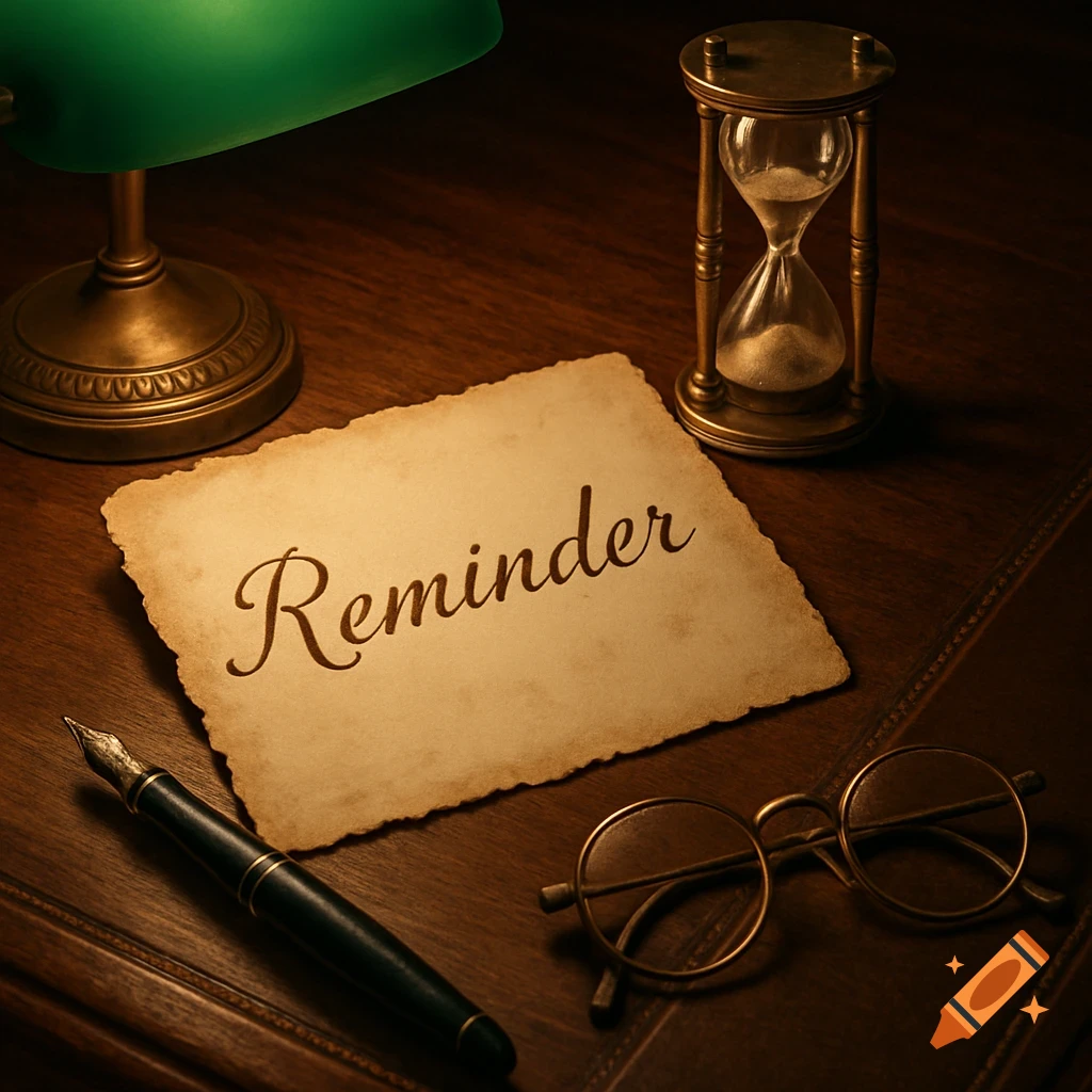 A vintage desk with a paper reading 'Reminder', a green lamp, hourglass, fountain pen, and round glasses.
