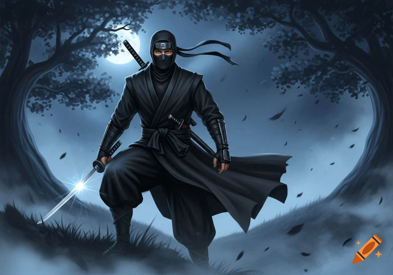 A dark illustration of a ninja holding a glowing katana in a moonlit forest with swirling mist and falling leaves.