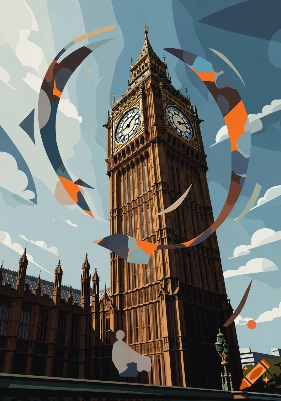 Cubist illustration of Big Ben tower with abstract geometric shapes and blue sky.