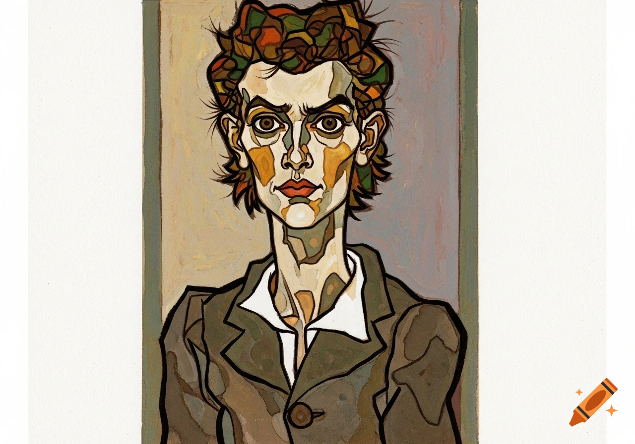 An Expressionist gouache painting in the style of Egon Schiele, depicting an angular portrait of a person with brown hair and a suit.