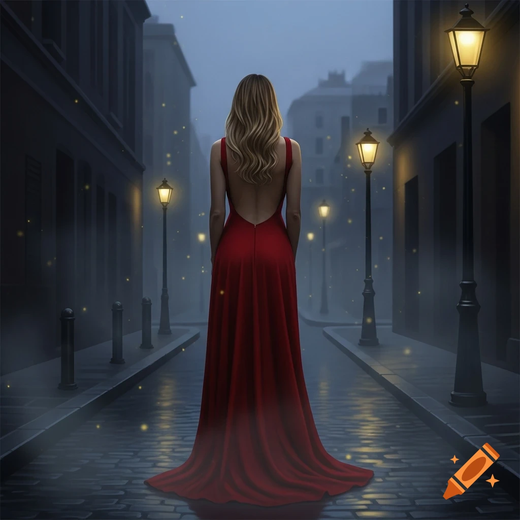 A woman in a backless red dress stands in a dimly lit, foggy city street with glowing streetlights, viewed from behind.