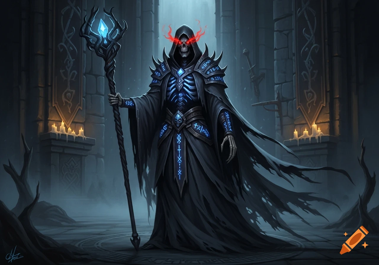 A skeletal lich-like wizard with glowing red eyes and blue glowing runes on his armor holds a crystal staff in a dark, misty dungeon.