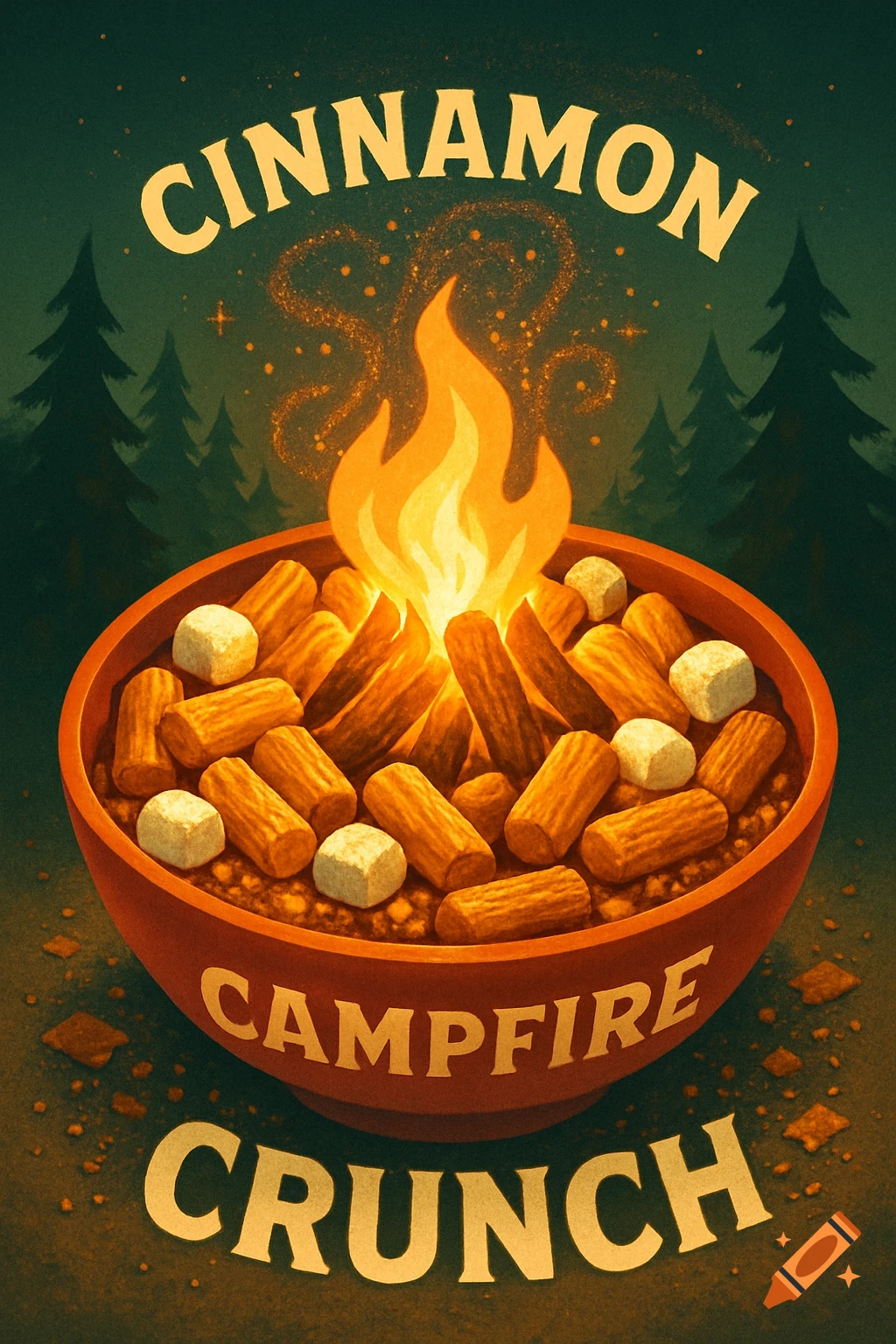 Stylized illustration of a red bowl with cinnamon cereal logs, marshmallows, and a campfire flame, against a forest background, with text 'Cinnamon Campfire Crunch'.