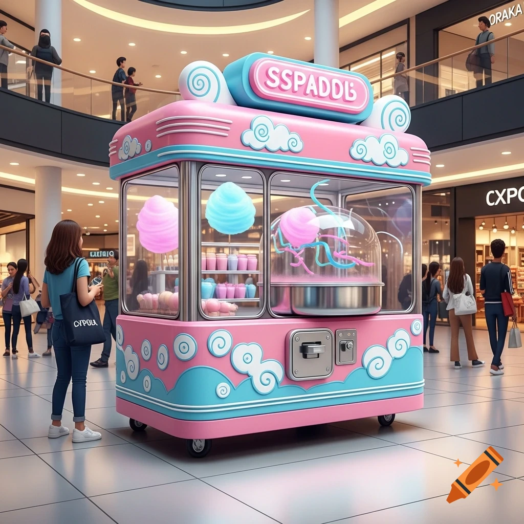 A pink and blue cotton candy cart with cloud designs in a brightly lit shopping mall, with shoppers walking in the background. The cart has a sign with garbled text.