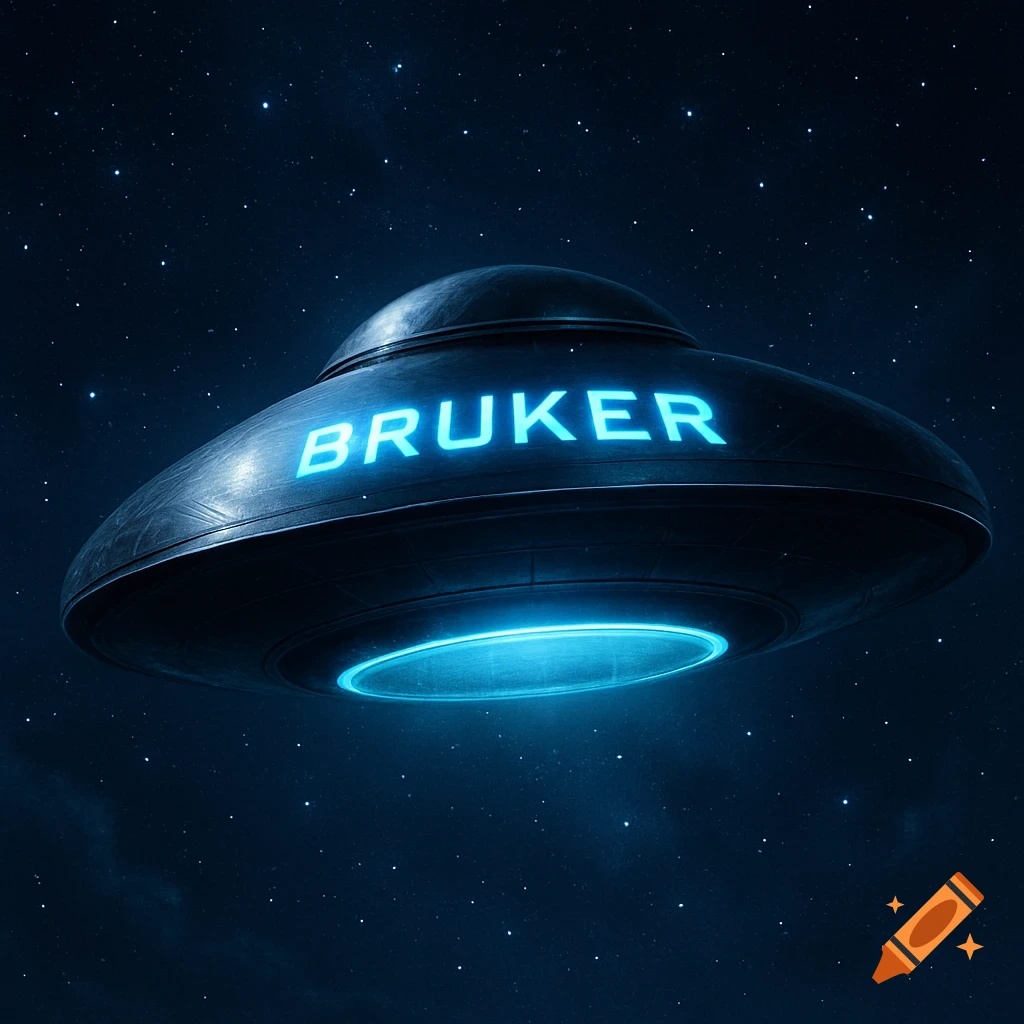 A dark gray UFO with a glowing blue "BRUKER" logo on its top and a bright blue light underneath, floats in a star-filled dark blue night sky.