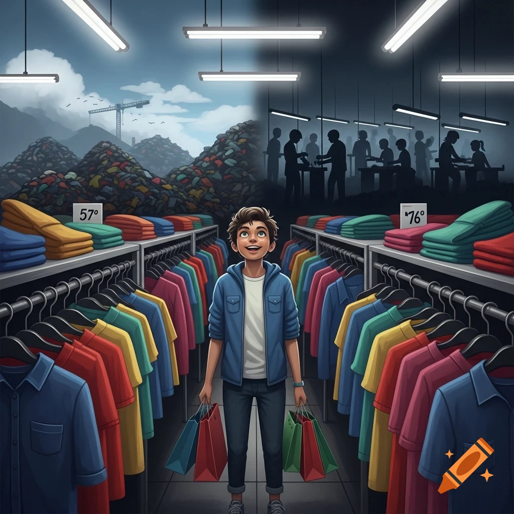 A young boy smiles, holding shopping bags in a colorful clothing store aisle. Behind him, on the left, are mountains of discarded clothes, and on the right, silhouettes of people working in a dark factory.