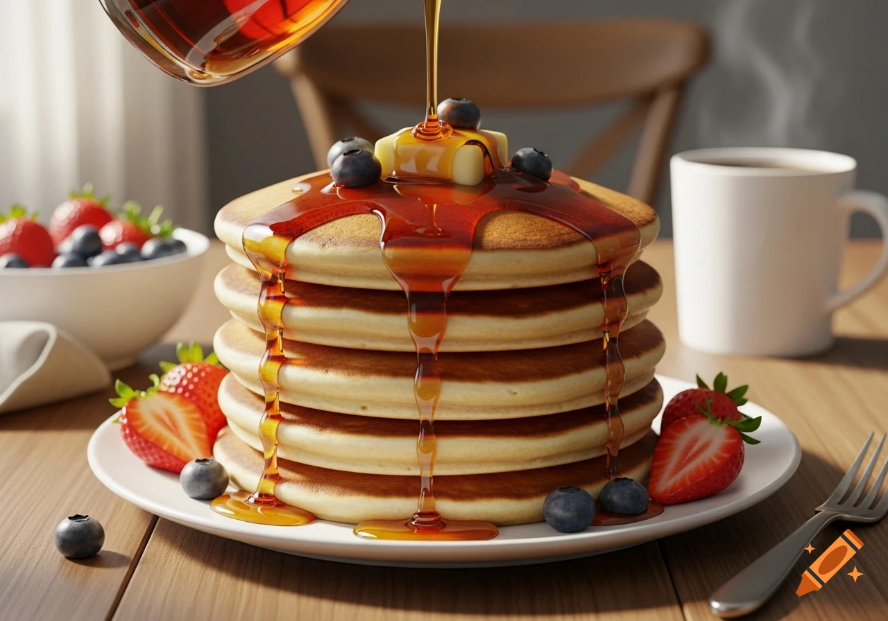 A photorealistic stack of pancakes topped with butter, blueberries, and maple syrup, surrounded by strawberries and coffee.