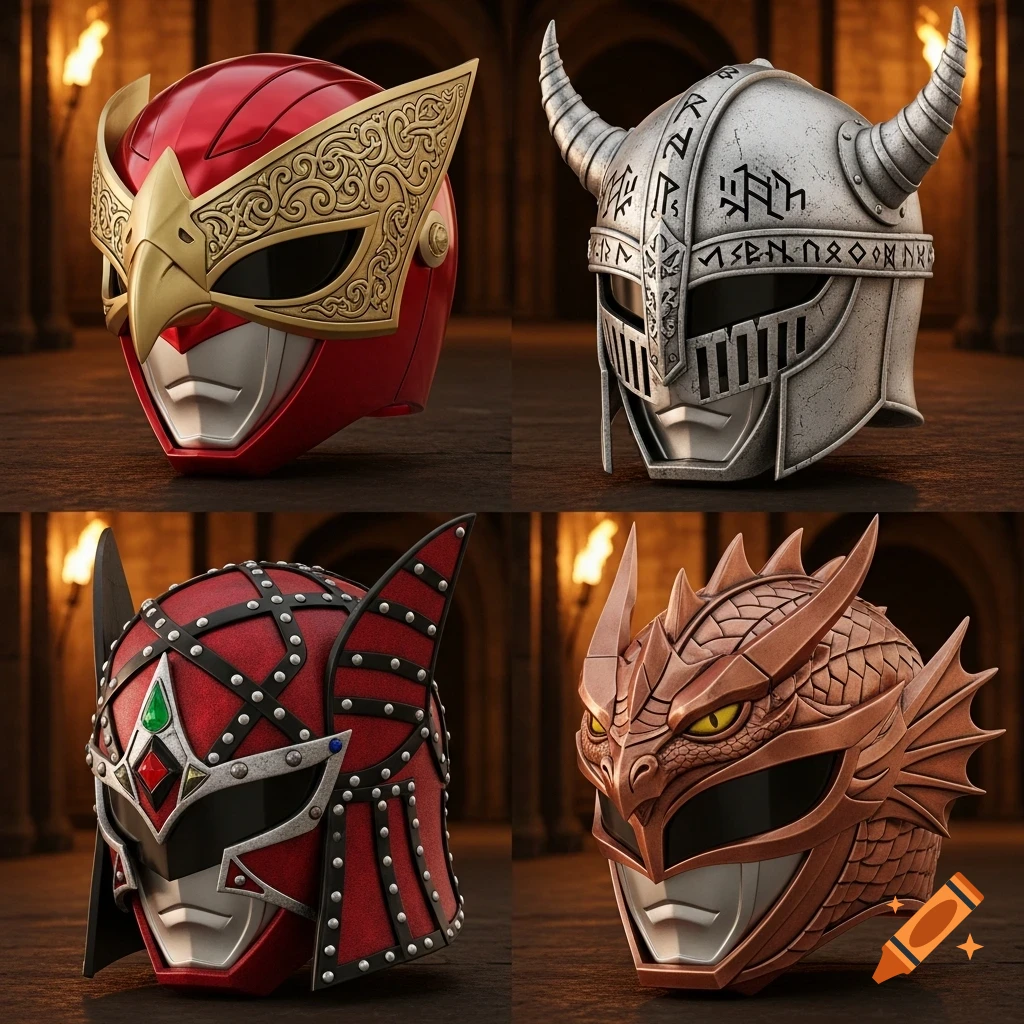 Four detailed medieval and Super Sentai-style helmets, including red, silver horned, and bronze dragon designs, displayed in a dark hall.