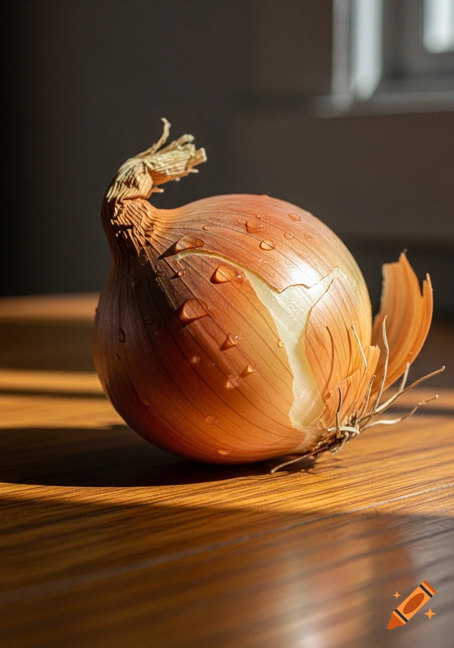 Photorealistic close-up of a wet brown onion with peeling skin, resting on a sun-dappled wooden table.