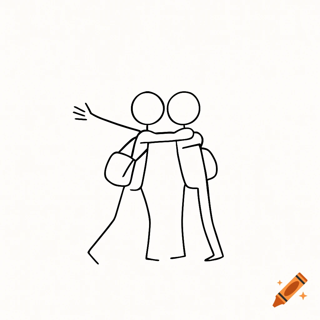 Two stick figures embracing, one with a bag, in a simple line drawing style.