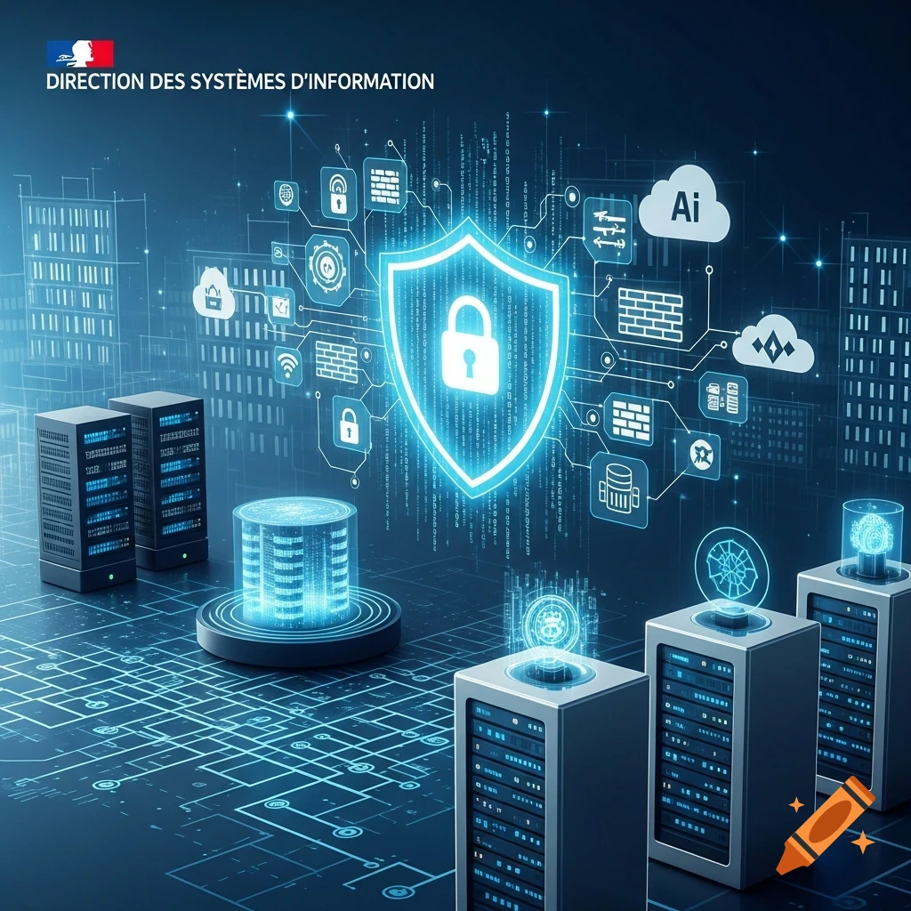 Futuristic digital landscape showing IT infrastructure, servers, and networks, with a central glowing shield and lock icon symbolizing cybersecurity.