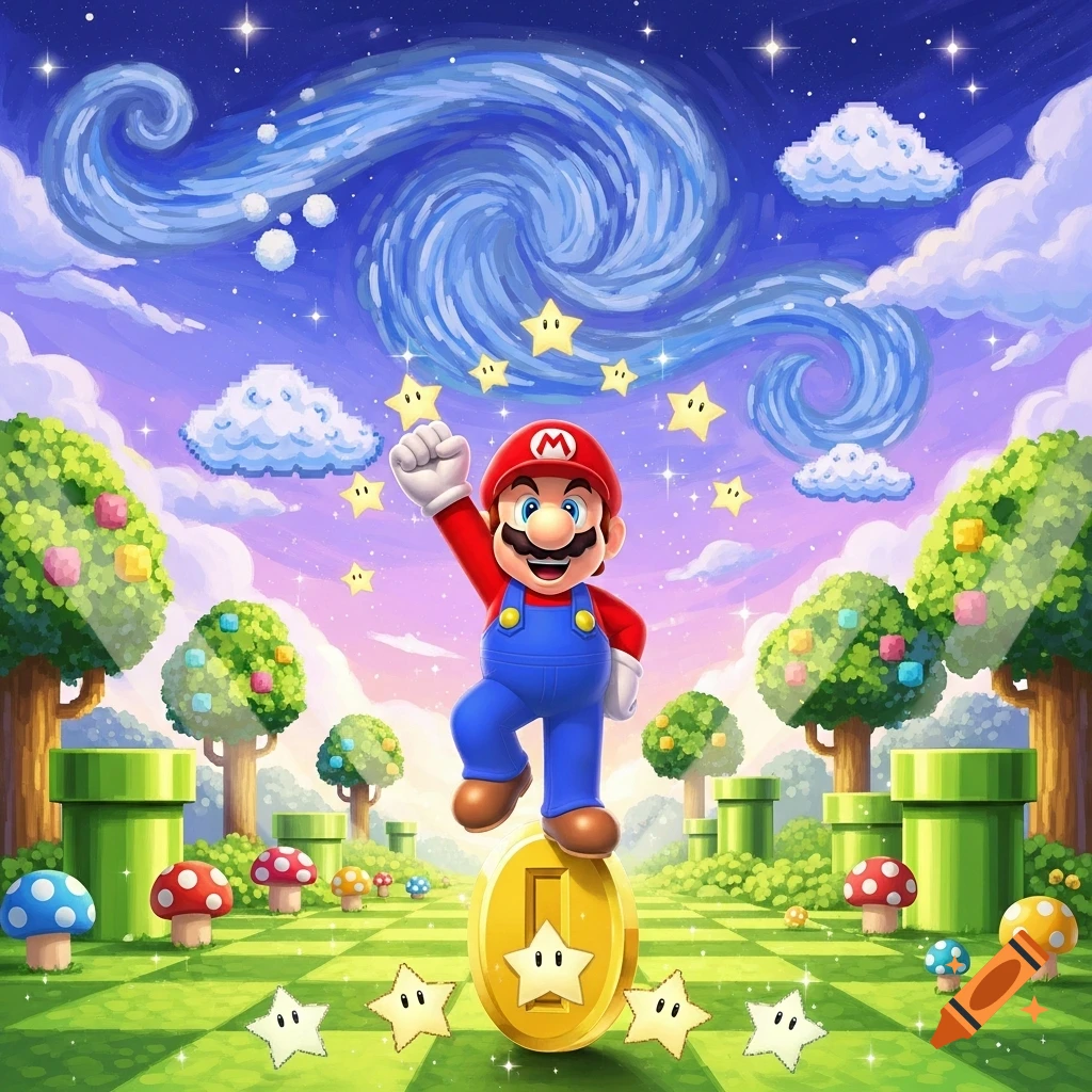 Mario stands on a gold coin in a whimsical Super Mario landscape under a starry, swirling blue sky with pixelated clouds.