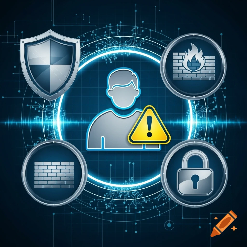 A user icon with a warning triangle, surrounded by a shield, a firewall with fire, a plain firewall, and a lock, all on a blue digital circuit background.