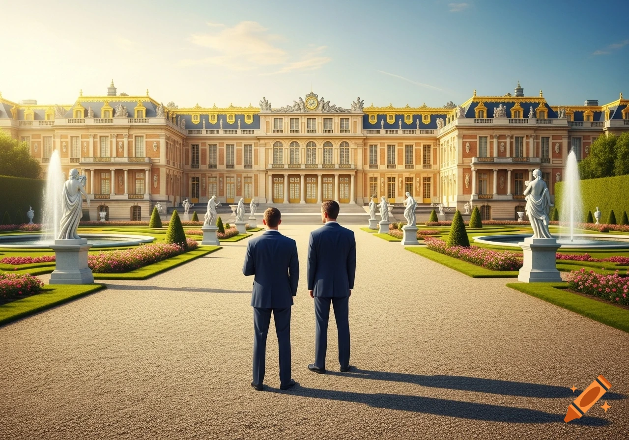 Two men in suits stand in a grand formal garden, facing a magnificent palace with golden accents and ornate facades, under a sunny sky.