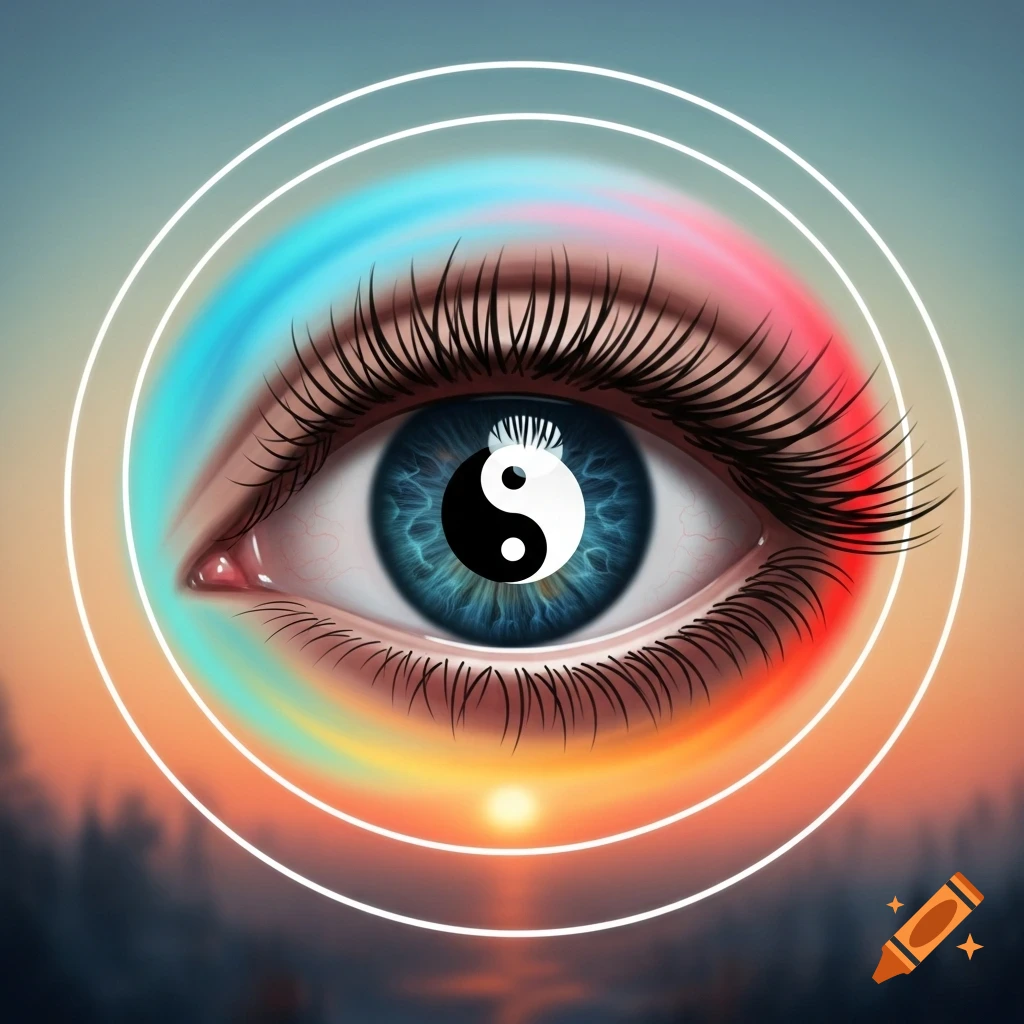 A close-up of an eye with a Yin Yang symbol in its pupil, surrounded by colorful streaks and concentric white circles, against a blurred sunset backdrop.