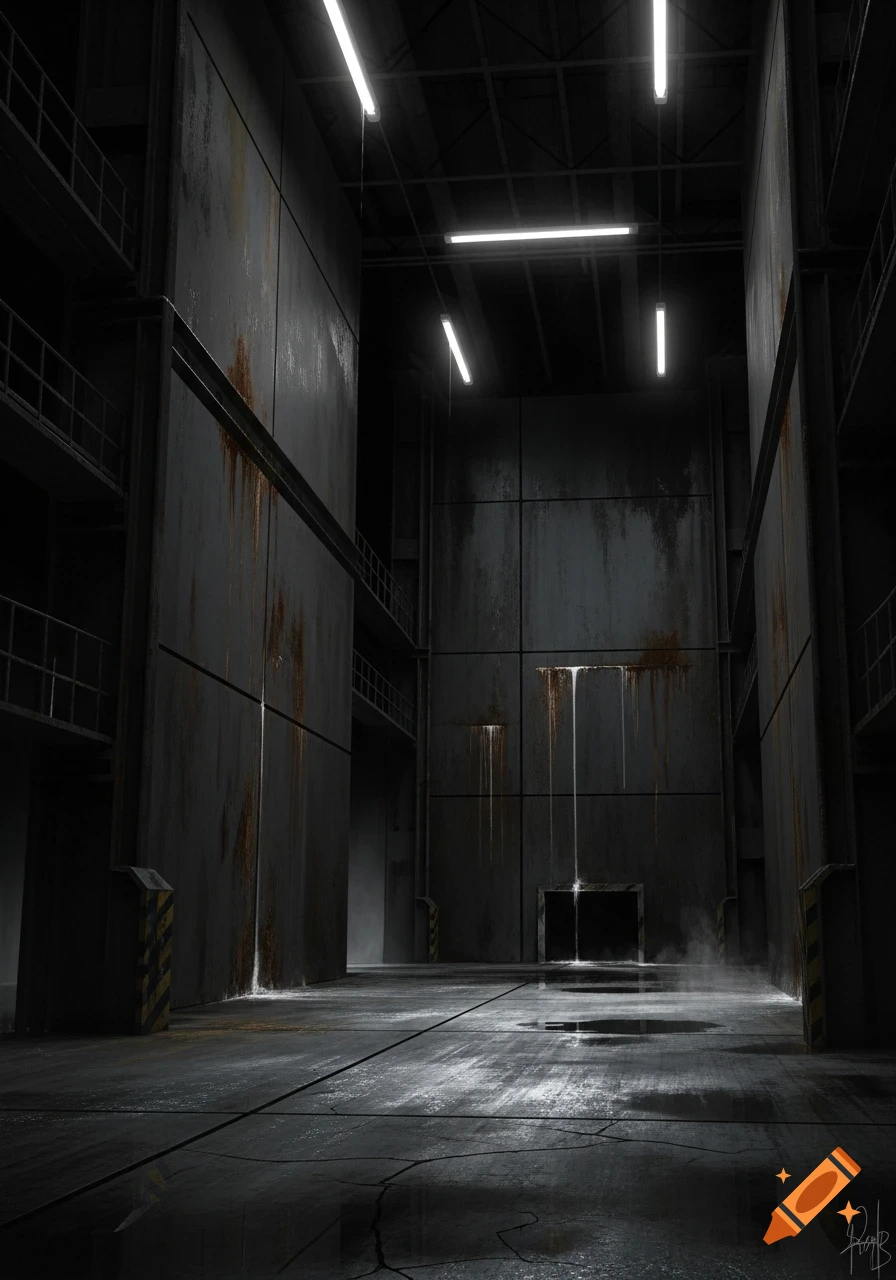 Dark, bleak, industrial interior with tall, rusted gray walls, fluorescent lighting, and wet floors with puddles.