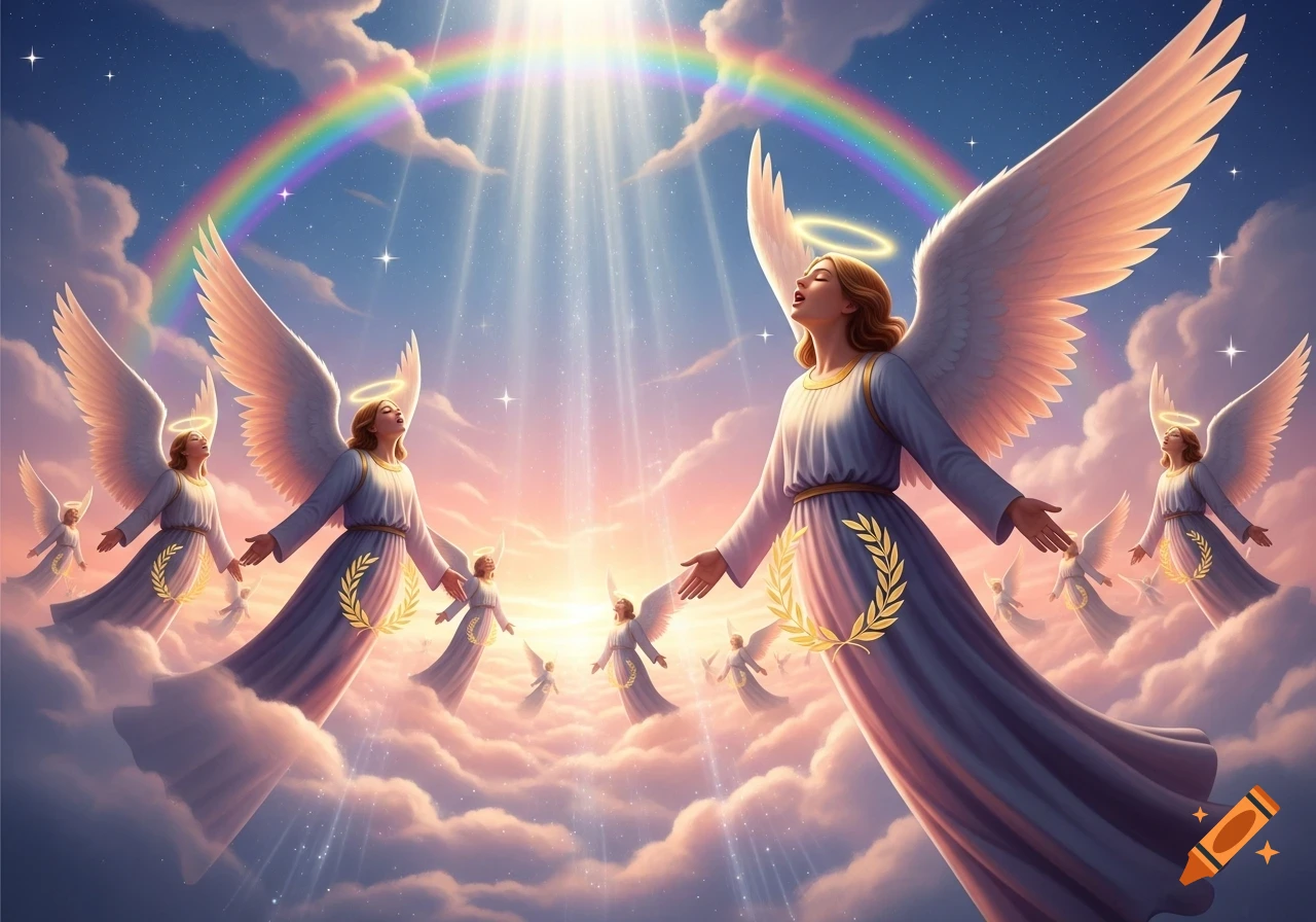 Multiple angels with large white wings float among clouds, looking up at a rainbow and bright light from the sky.