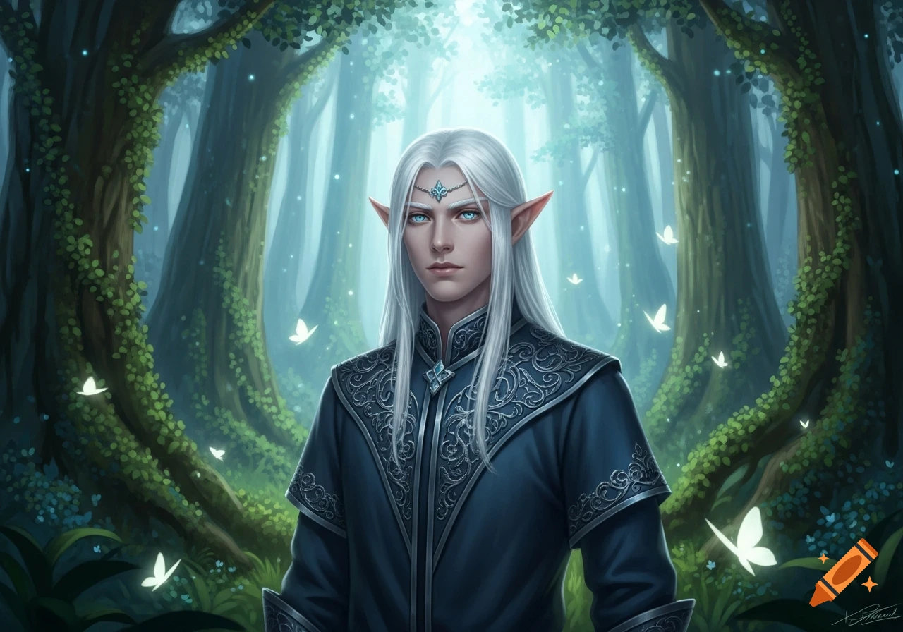 An elf boy with long white hair and blue eyes in a dark blue tunic stands in a magical forest with glowing butterflies. Digital painting.