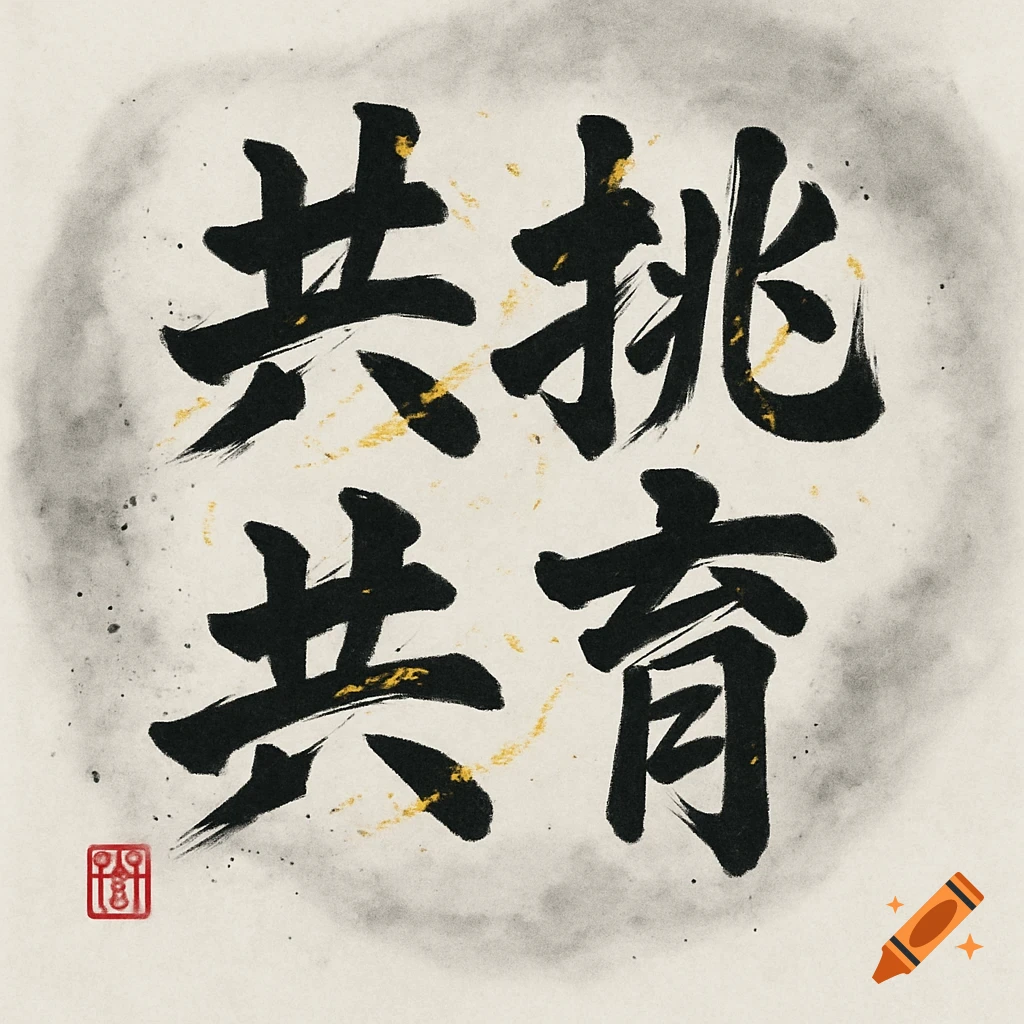 Black Chinese calligraphy of four characters with gold flecks on aged paper, featuring a red artist's seal.