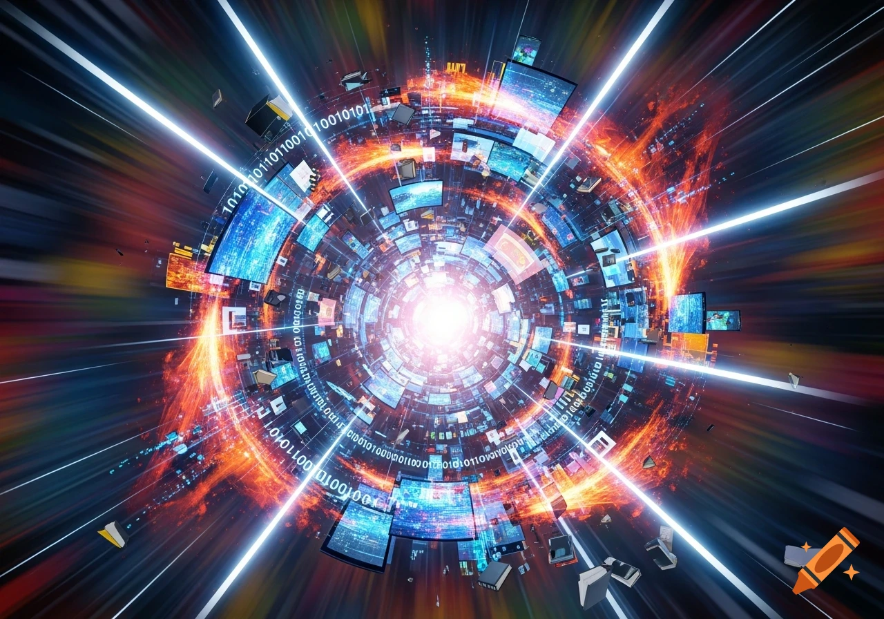 A vibrant digital vortex with light beams, surrounded by screens displaying data and binary code, suggesting a massive flow of information.