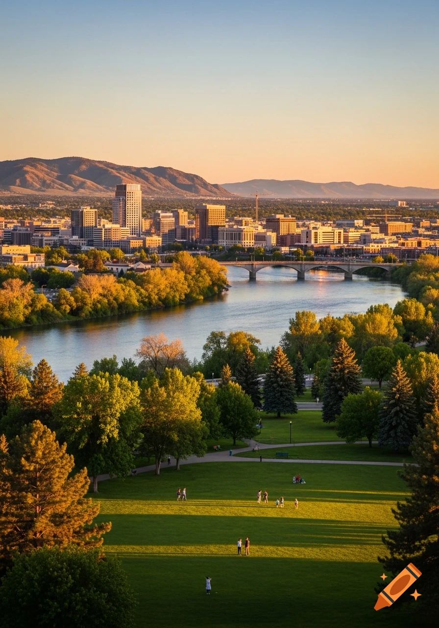 Golden hour aerial view of a city skyline along a river, with a green ...