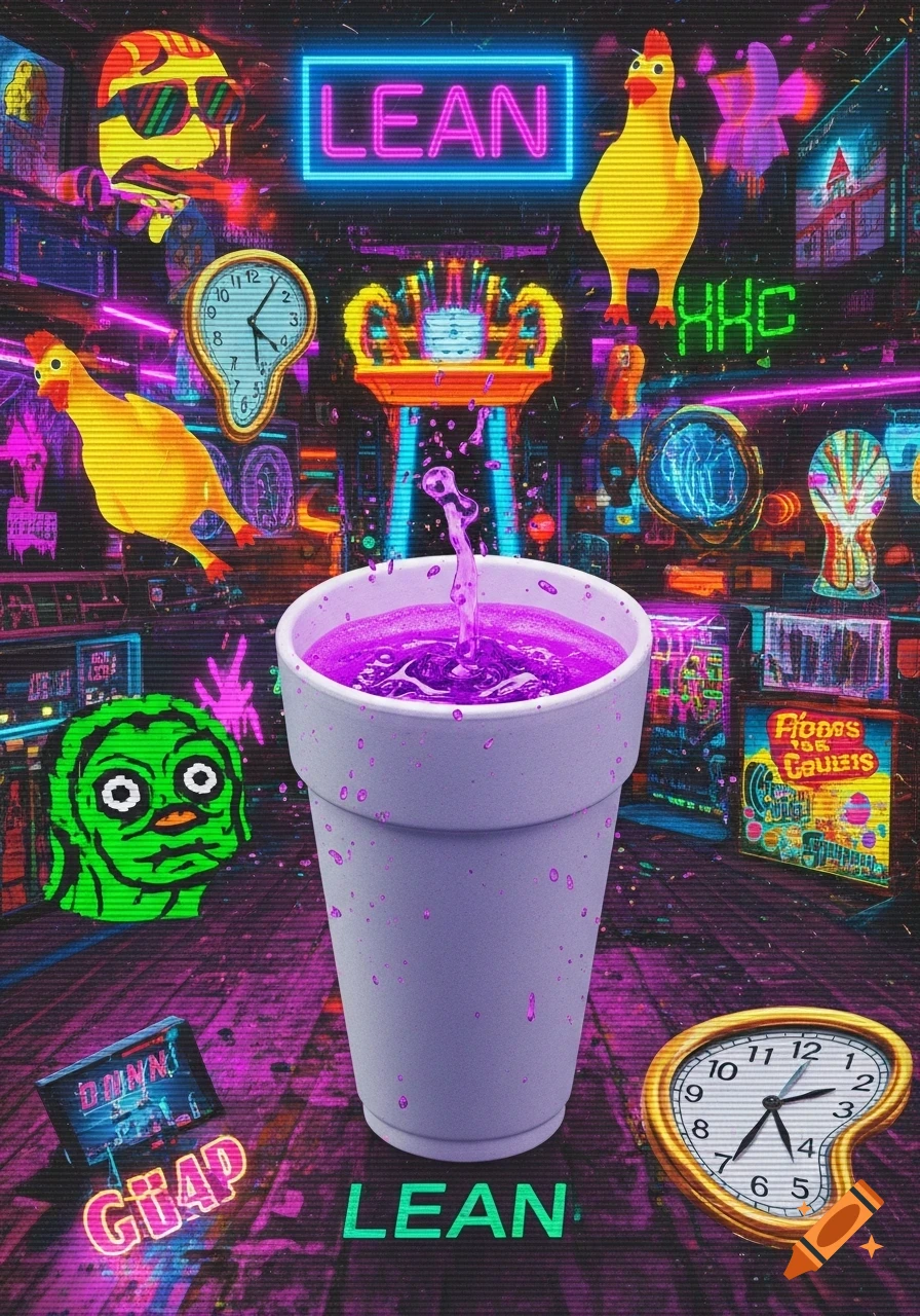 A surreal, glitch-art image with a large white cup of purple liquid, neon signs displaying 'LEAN', melting clocks, rubber chickens, and pixelated faces, all in a vibrant, 'deep-fried' aesthetic.