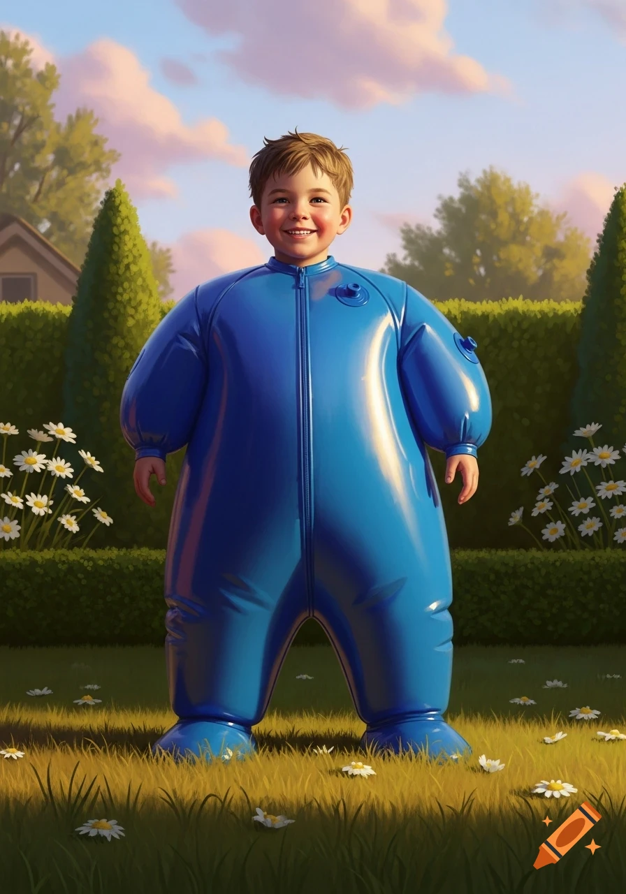 A smiling boy in a blue inflatable rubber suit stands in a sunny backyard with grass, flowers, hedges, and a house in the background, realistic style.