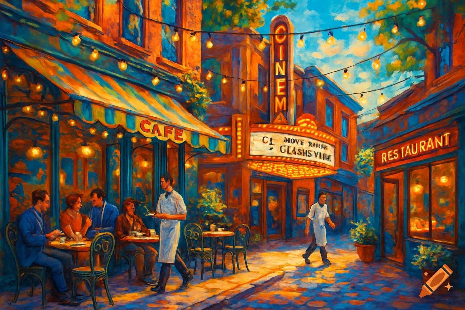 A vibrant impressionistic painting of a European street scene with a cafe, a cinema, and a restaurant, bustling with people.