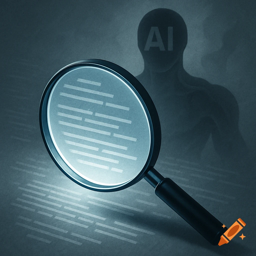A magnifying glass highlights abstract text, with a shadowy figure labeled 'AI' in the background, in a conceptual, monochromatic style.