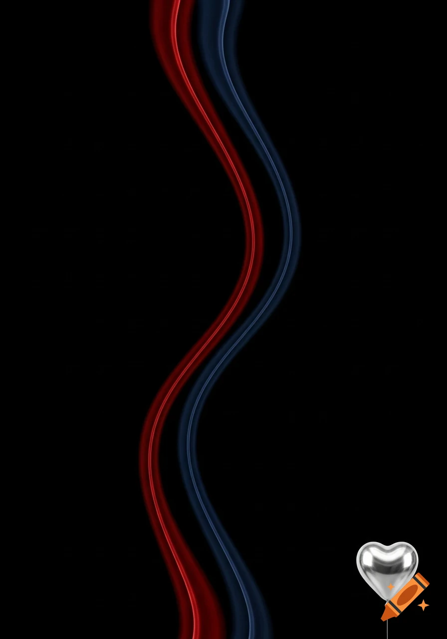 A black background with two vertical wavy lines, one dark red and one dark blue, running parallel down the center. A small silver heart balloon floats in the bottom right corner.
