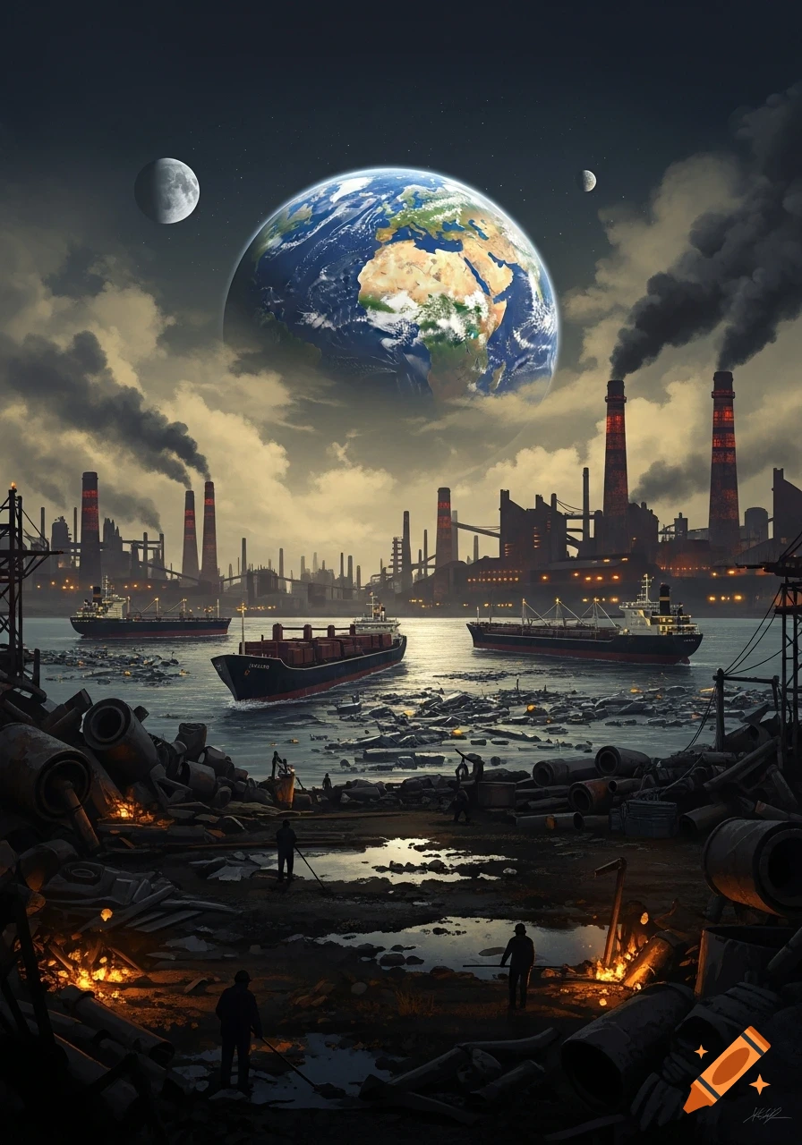Dystopian industrial scene of polluting factories, ships on polluted water, workers, under a large Earth and moon.