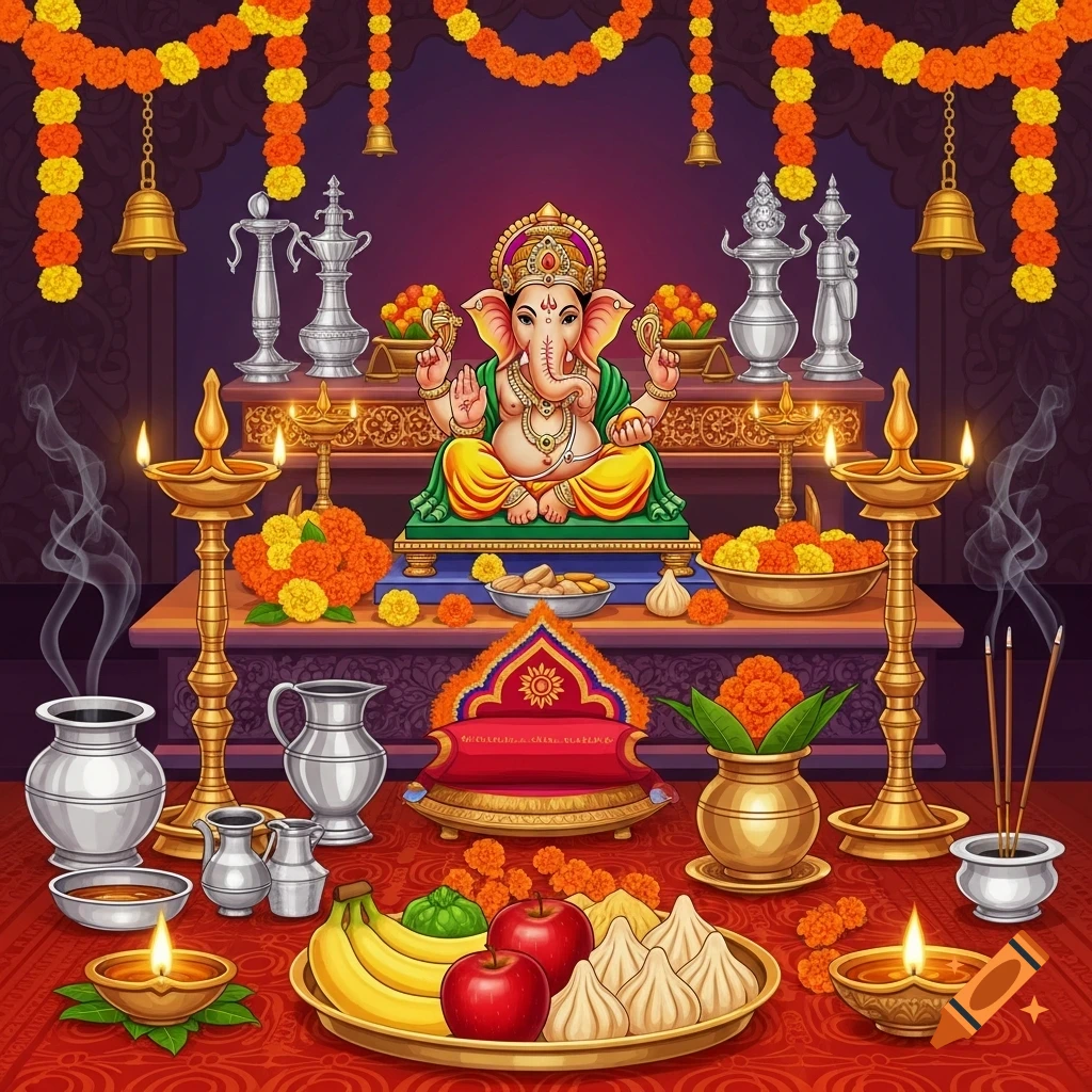 Colorful illustration of Ganesha on a decorated altar surrounded by traditional Hindu puja items, including oil lamps, flowers, fruits, and incense.