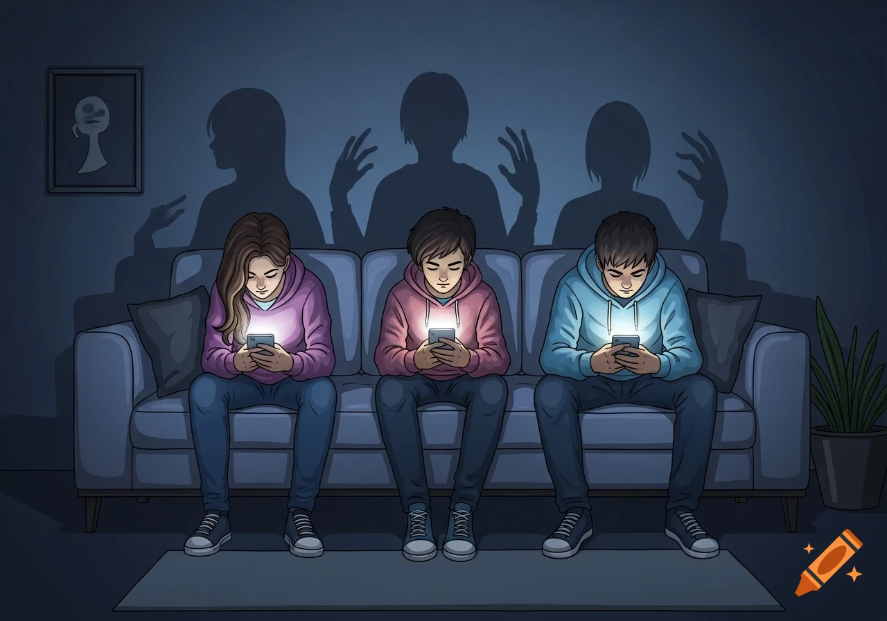 Three teenagers sit on a couch, engrossed in their glowing smartphones, while large, distressed shadows loom behind them on the wall.