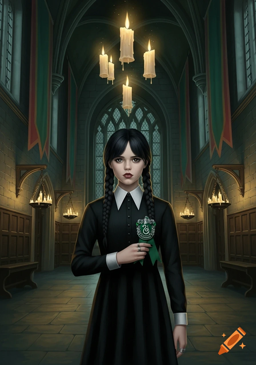 Wednesday Addams in a dark, gothic hall with floating candles, holding a green Slytherin crest on her black dress.