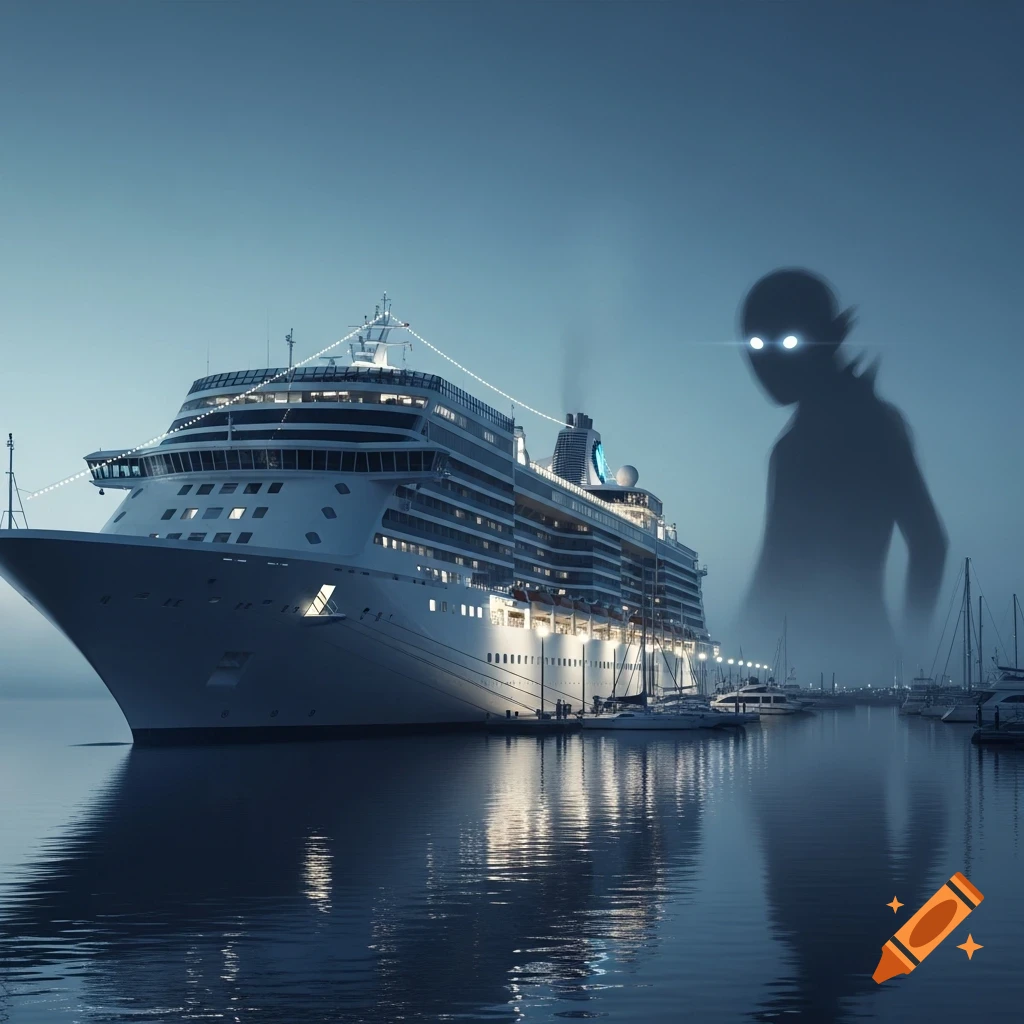 An illuminated cruise ship docked at dusk, with a shadowy, glowing-eyed monster looming behind it.
