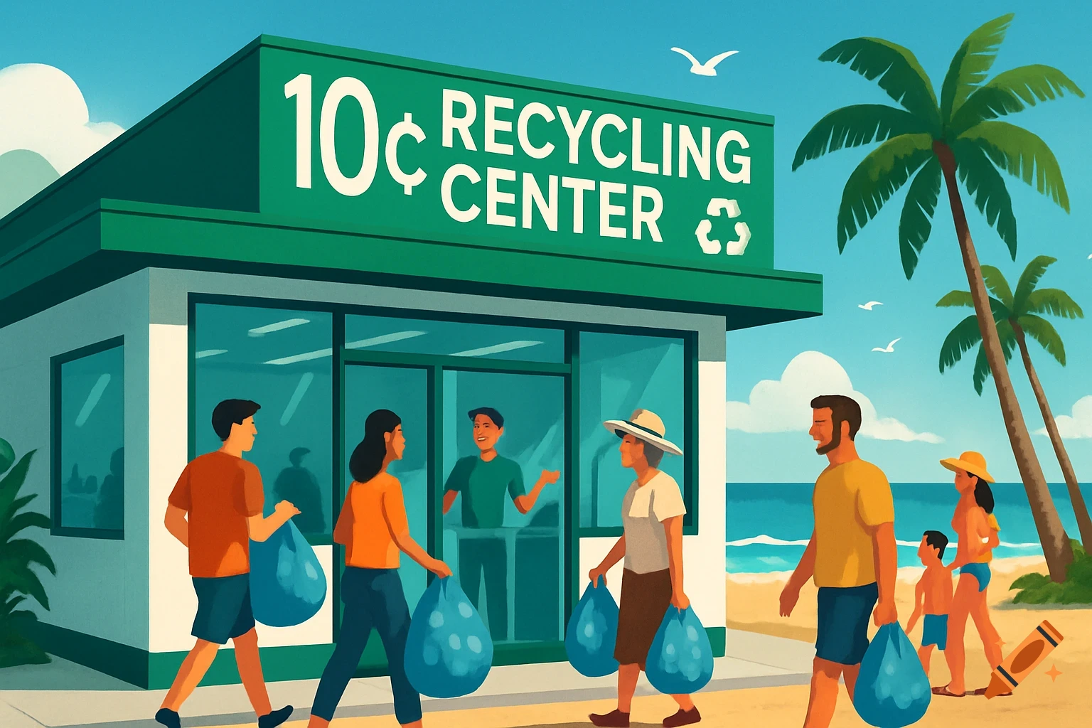 Illustrated scene of people at a 10 cent recycling center on a sunny beach with palm trees and the ocean.