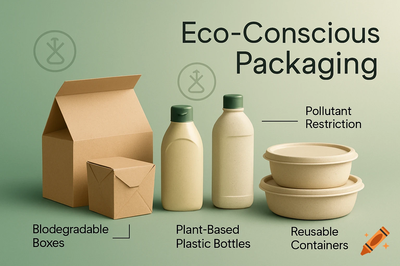 Eco-conscious packaging including cardboard boxes, plant-based plastic bottles, and reusable containers on a green background.