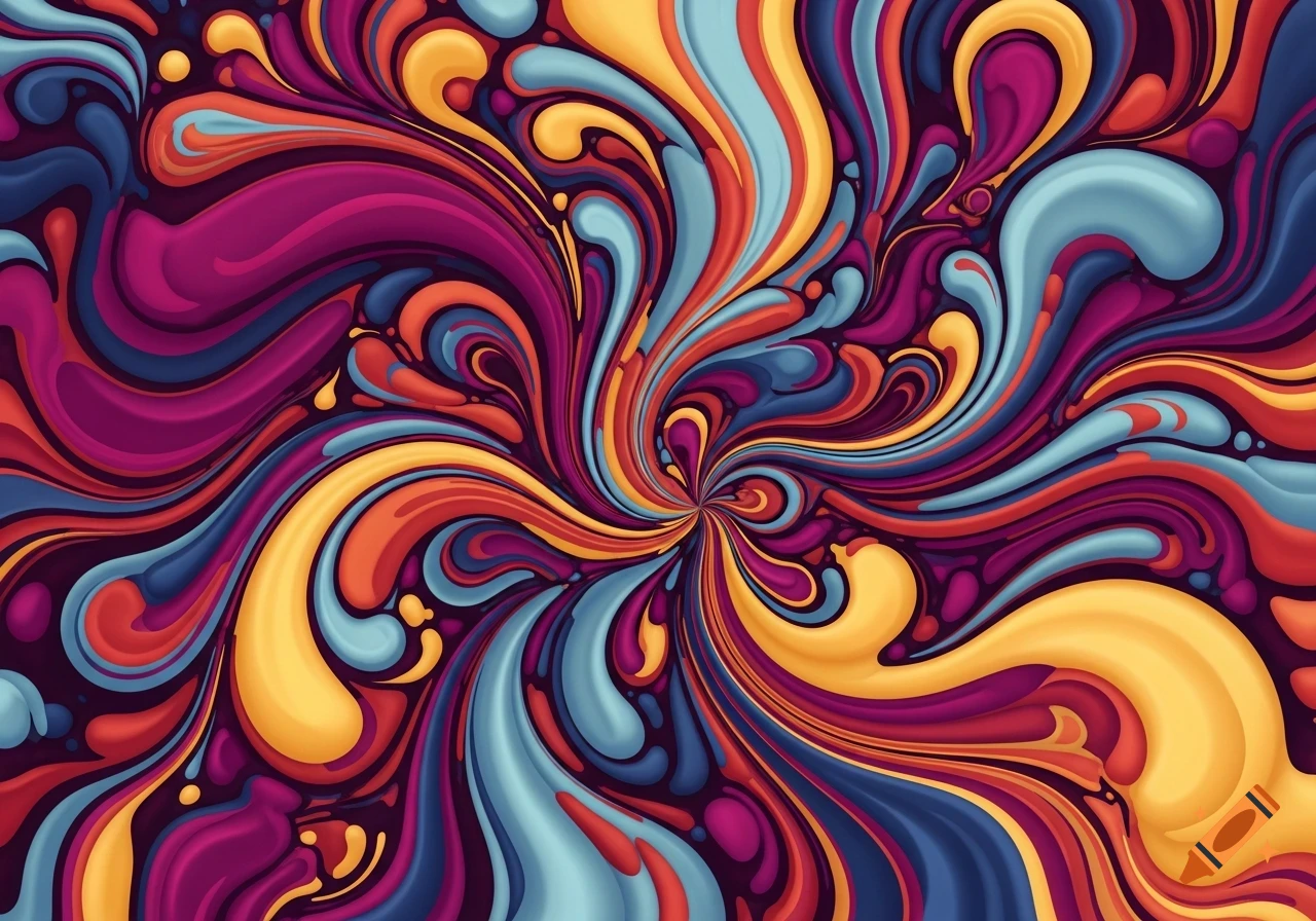 Vibrant, swirling abstract pattern in blue, red, yellow, and purple.