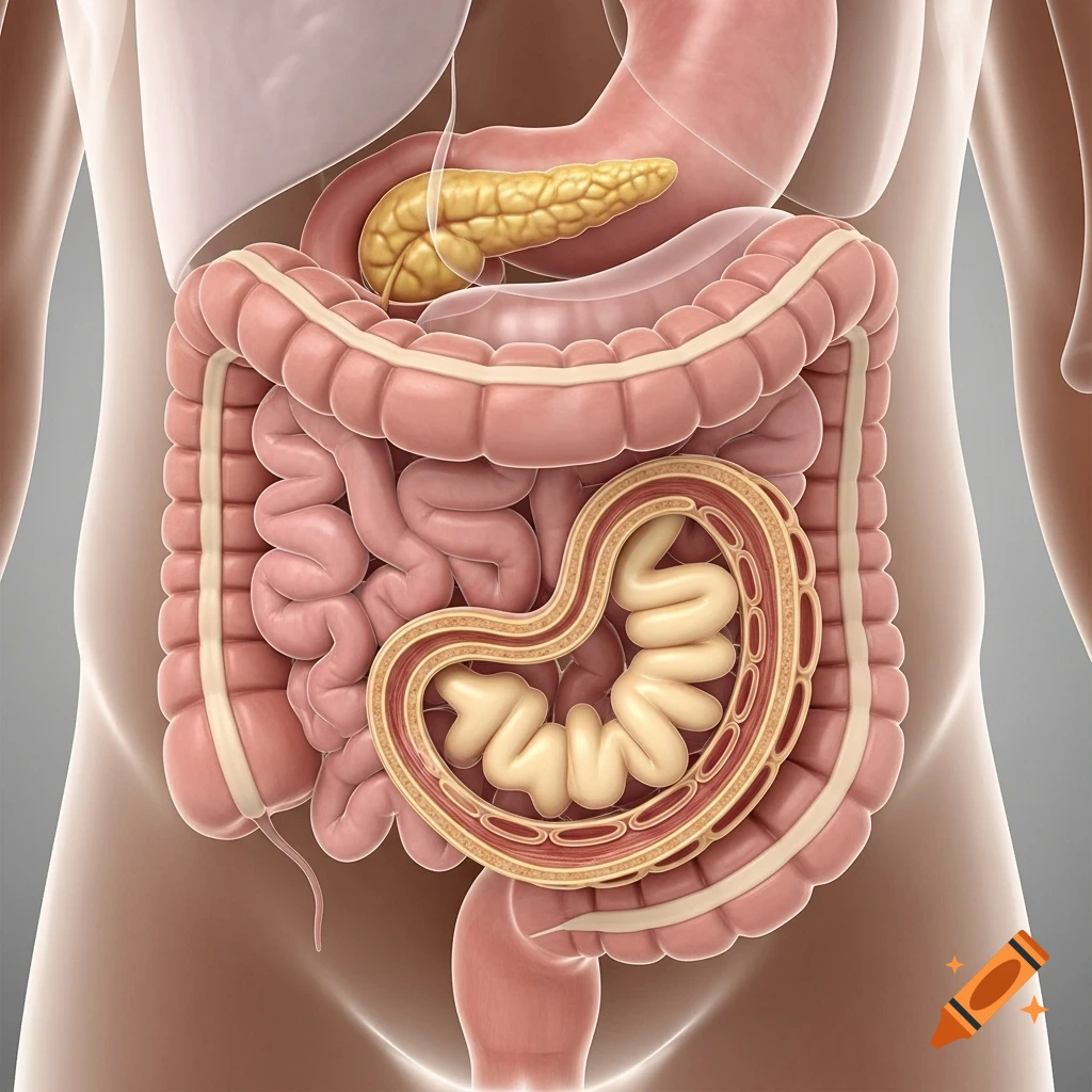 Detailed anatomical illustration of the human digestive system showing stomach, pancreas, and intestines.