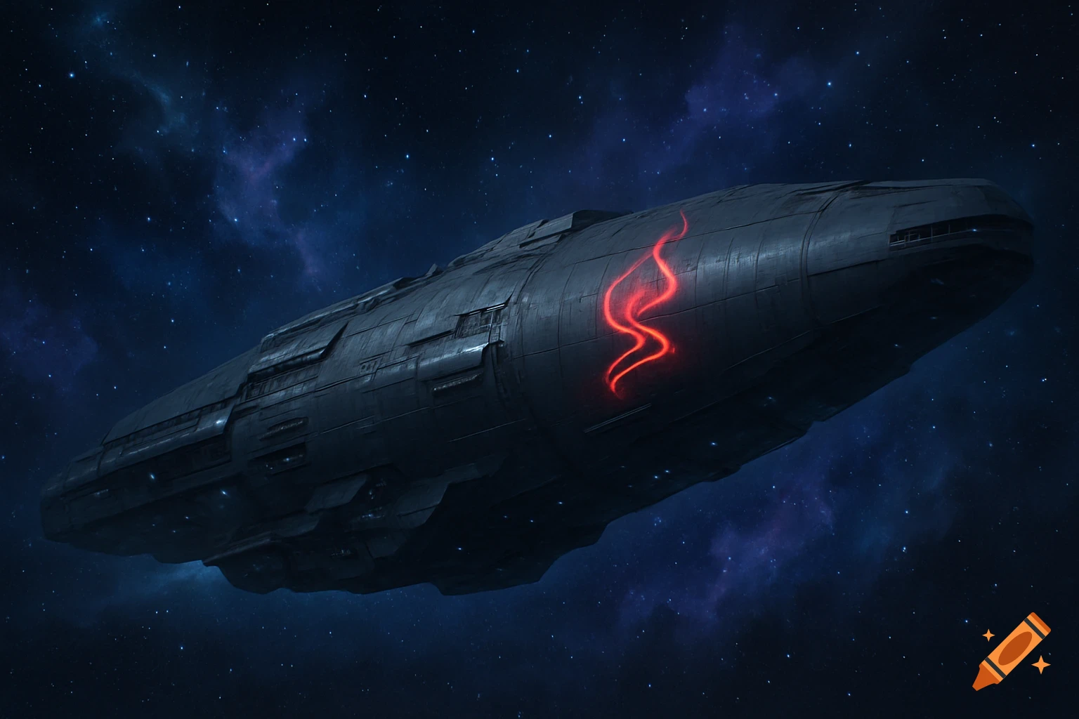A dark grey spaceship with a glowing red, flame-like logo on its side floats through a starry deep blue and purple nebula in space.