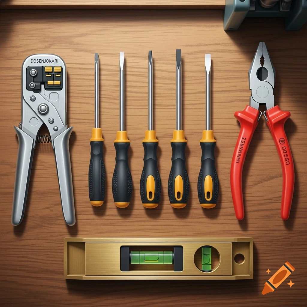 A top-down view of various hand tools including a wire stripper, screwdrivers, pliers, and a spirit level, arranged on a wooden surface.