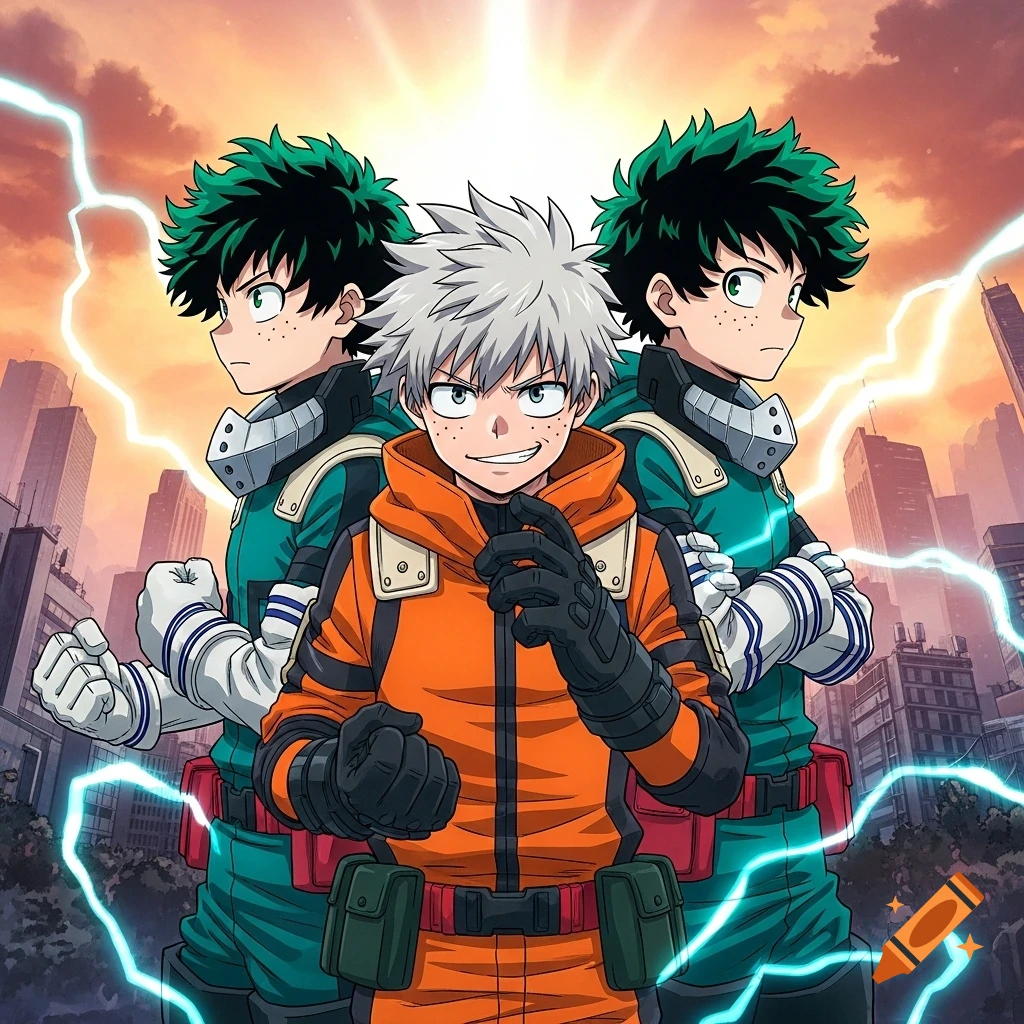 Three anime-style characters, one white-haired in orange and two green-haired in green, stand against a cityscape with lightning.