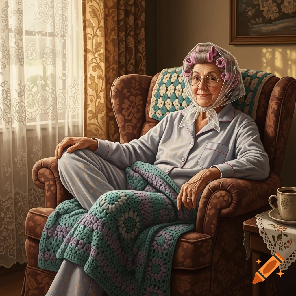 Elderly woman in light blue pajamas and pink hair rollers under a plastic cap, sitting in an armchair with a crocheted blanket by a window.