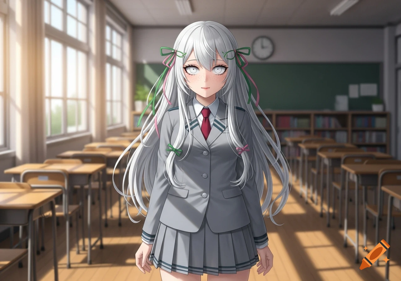 An anime girl with long white hair and white eyes, wearing a gray school uniform, standing in a classroom.