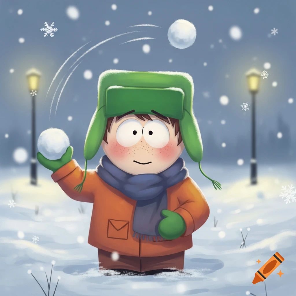 Cartoon Kyle Broflovski in a green hat and orange coat, throwing a snowball in a snowy nighttime scene.