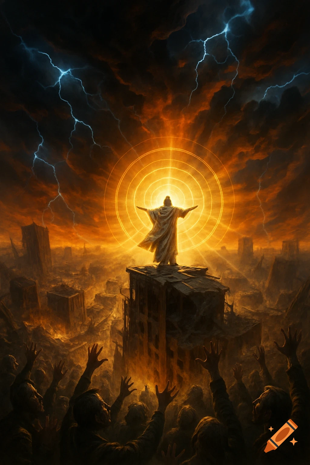 A robed figure glows on a ruined building under a lightning-filled sky as a crowd reaches up in a fiery, apocalyptic cityscape.