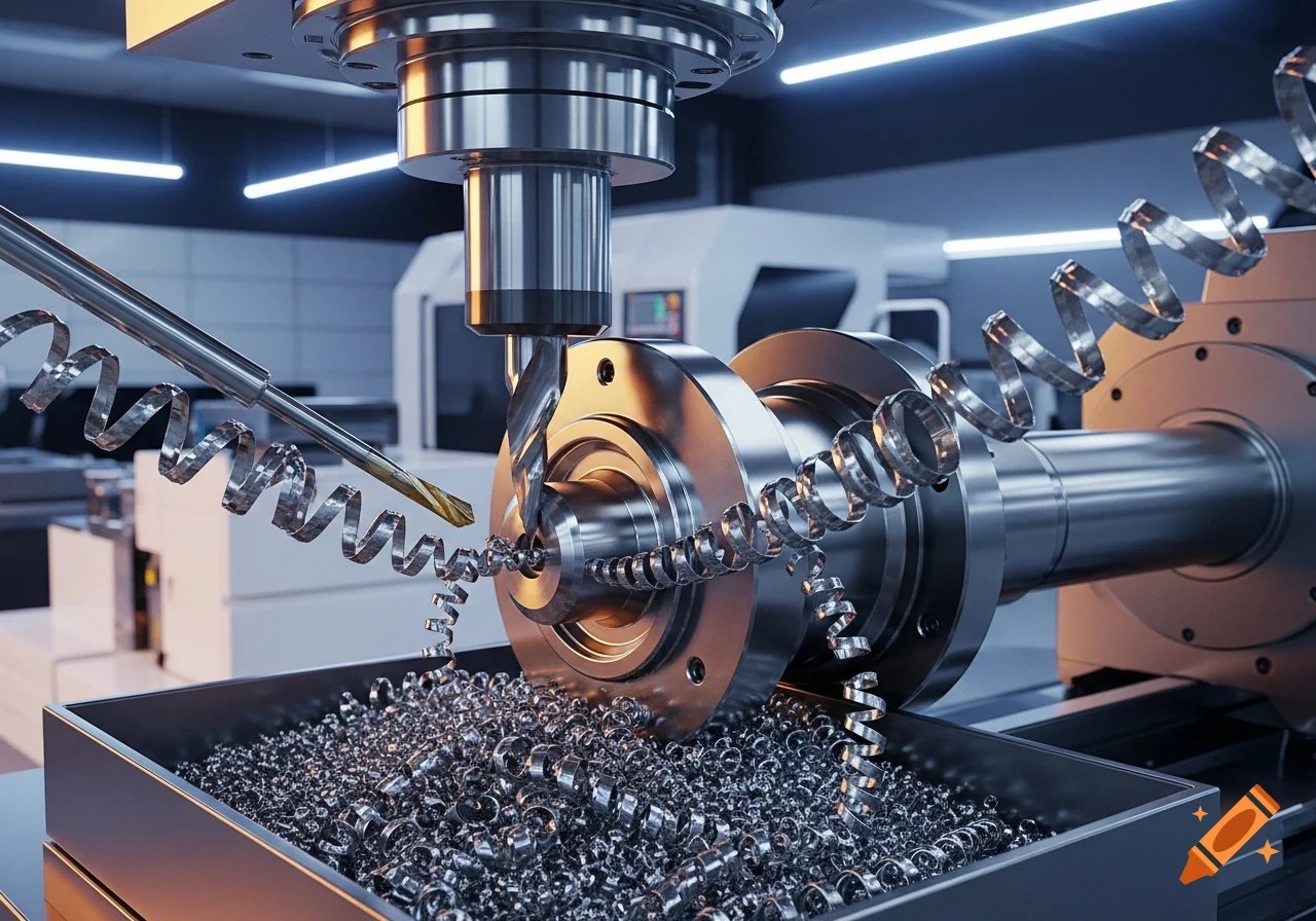 Close-up of a CNC machine drilling into a metal workpiece, creating shiny spiral metal shavings that fall into a collection tray.