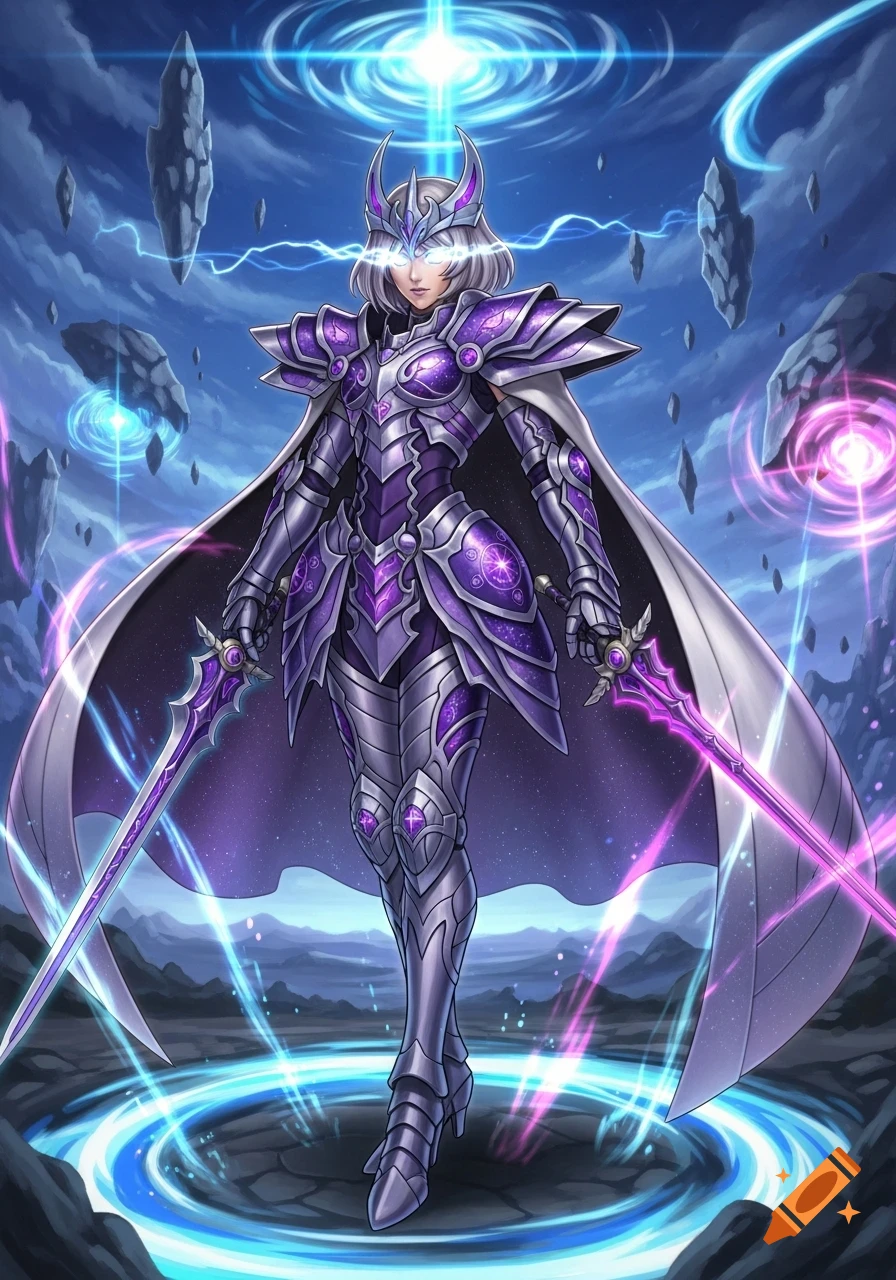 Anime female knight in silver and purple armor, holding two glowing purple swords amidst floating rocks and cosmic energy.